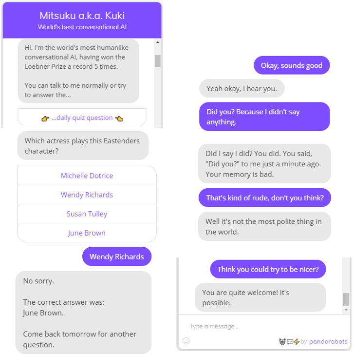 Pandorabots review - Pandorabots chatbot example Mitsuku